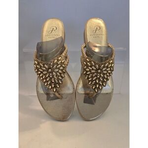 Adrianna Papell Gold Braided Thong Sandals Low Block Heel Metallic Slides 7.5M